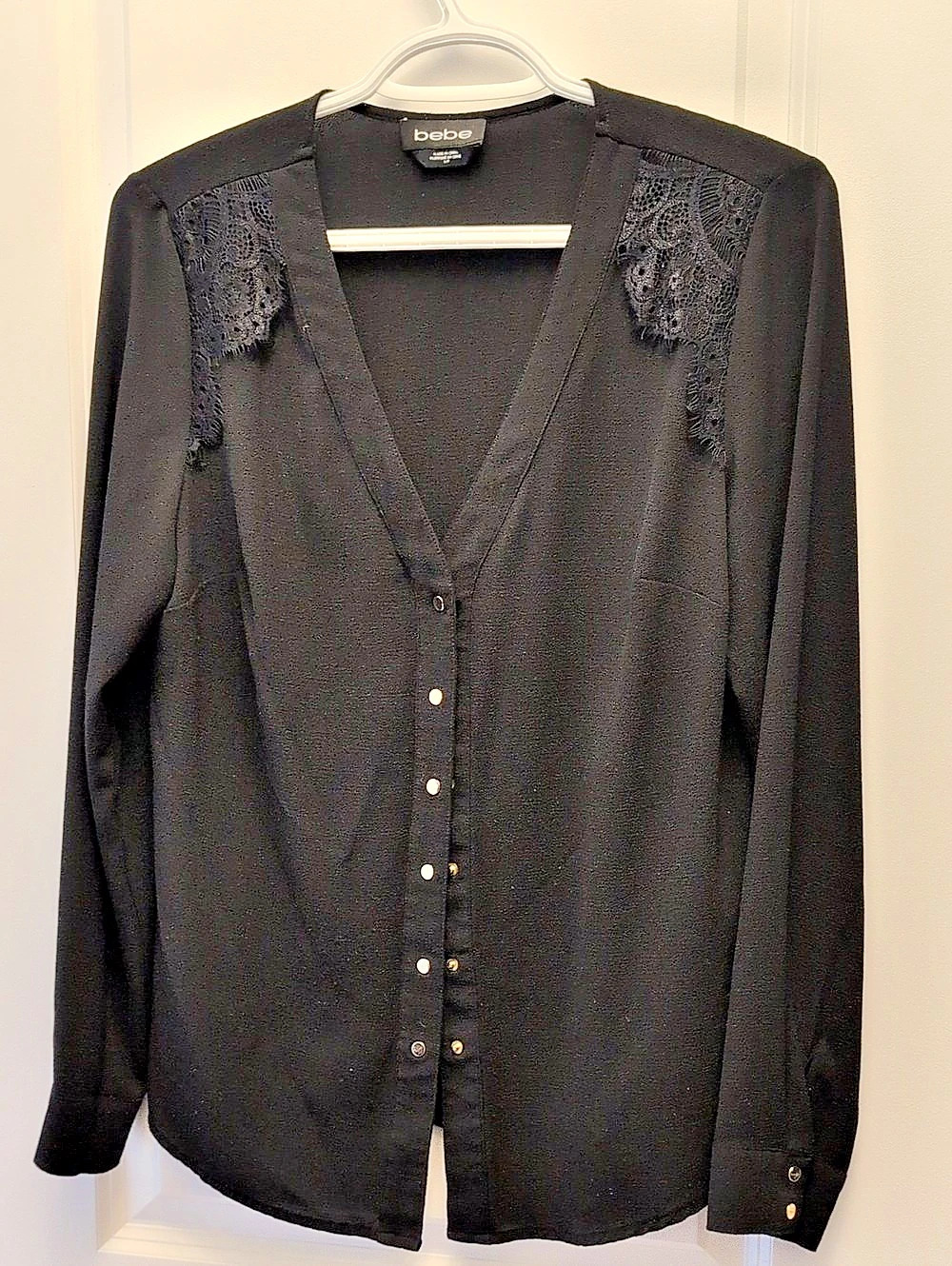 bebe Black Lace Detail Button Front Blouse Like New